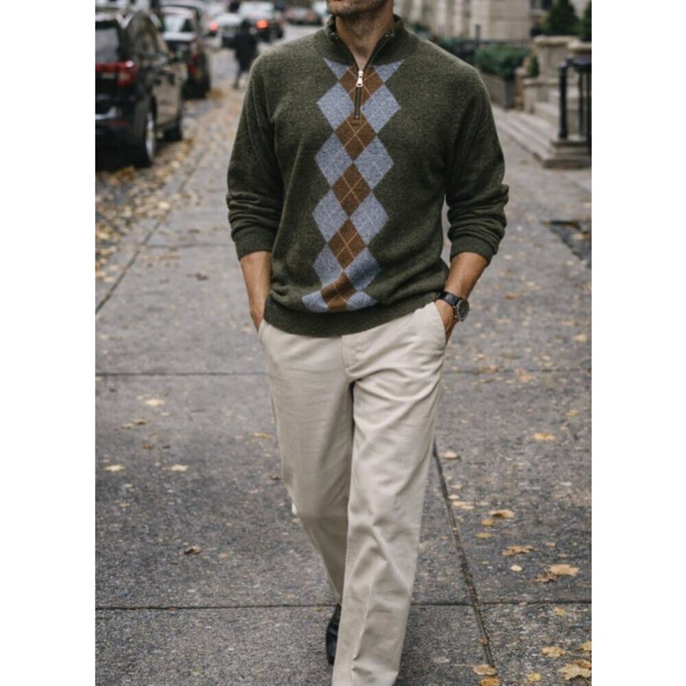 Tasso Elba Olive Argyle Panel Cotton Sweater XL